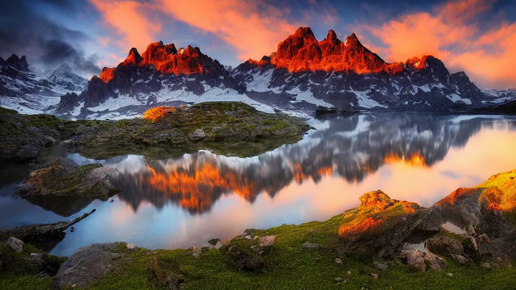 Image similar to amazing landscape photo of mountains with lake in sunset by marc adamus, beautiful dramatic lighting