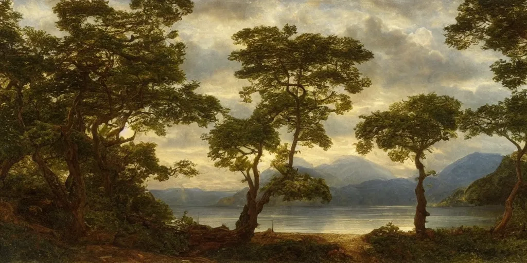 Image similar to landscape of a forested island in a calm sea, well lit, detailed, cinematic lighting, pre - raphaelite, oil painting