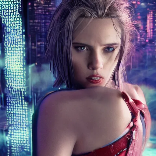 Image similar to a beautiful medium - shot still of scarlett johansson from ghost in the shell, cyberpunk style, looking off into the distance, a - line bob hairstyle, black hairs, ultra realistic, soft, blue hour, soft neons light from night city falling on her face. focus on her eyes and brows. by annie leibowitz