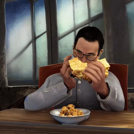 Image similar to jc denton from deus ex videogame eats cereal at a table near liberty island, highly detailed, 4 k, hd