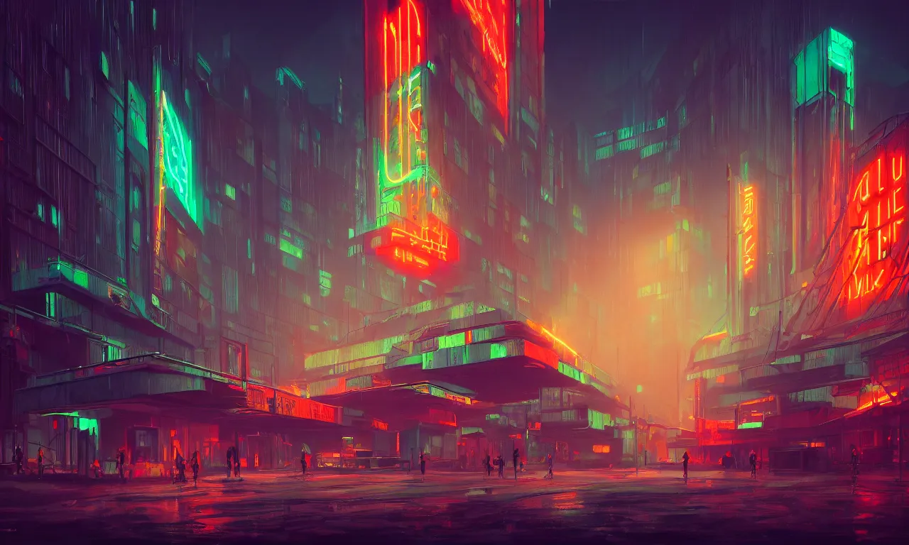 Image similar to brutalist architecture, colorful neon lighting, neon signs, raphael lacoste, eddie mendoza, alex ross, concept art, matte painting, highly detailed, rule of thirds, dynamic lighting, cinematic, detailed, denoised, centered