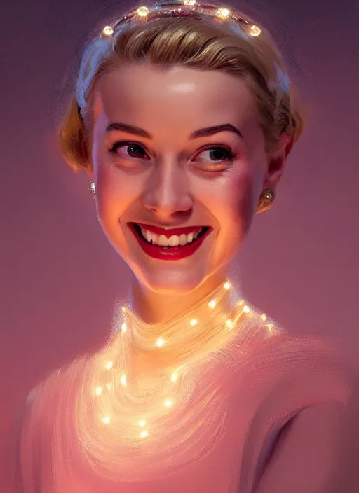 Image similar to portrait of betty cooper, smiling kindly, 1 9 5 0 s, intricate, elegant, glowing lights, highly detailed, digital painting, artstation, concept art, smooth, sharp focus, illustration, art by wlop, mars ravelo and greg rutkowski