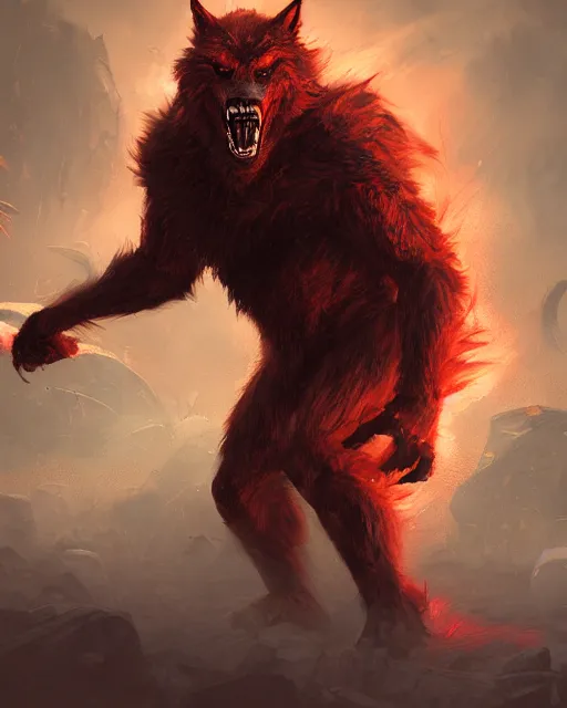 Image similar to oil painting of Angry Werewolf Berserker Beast, wearing red fur, claws, sharp focus, attack pose, fantasy style, octane render, volumetric lighting, 8k high definition, by greg rutkowski, highly detailed, trending on art Station, magic the gathering artwork, burning Battlefield background, centered