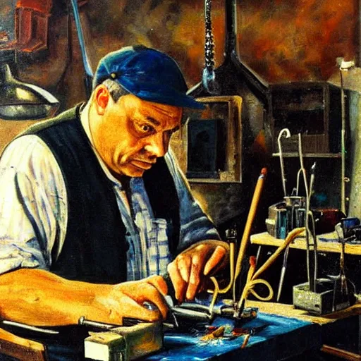 Prompt: viktor orban soldering in a workshop, oil painting