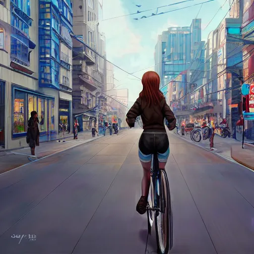 Prompt: girl riding on bike through city, digital art, by ben weiner, richard estes, range murata, akiyuki shinbou, yoshitaka amano, wlop, highly detailed, realistic, cinematic, bold colours, photorealism, 4 k, wide angle lens, trending on artstation, artgerm