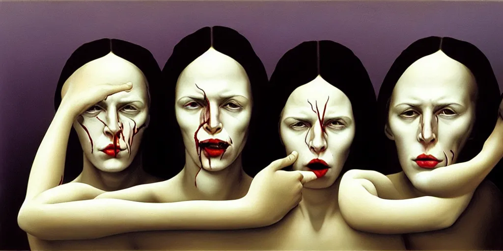 Prompt: the three fates, pain, pleasure, suffering, adventure, love, abstract oil painting by gottfried helnwein