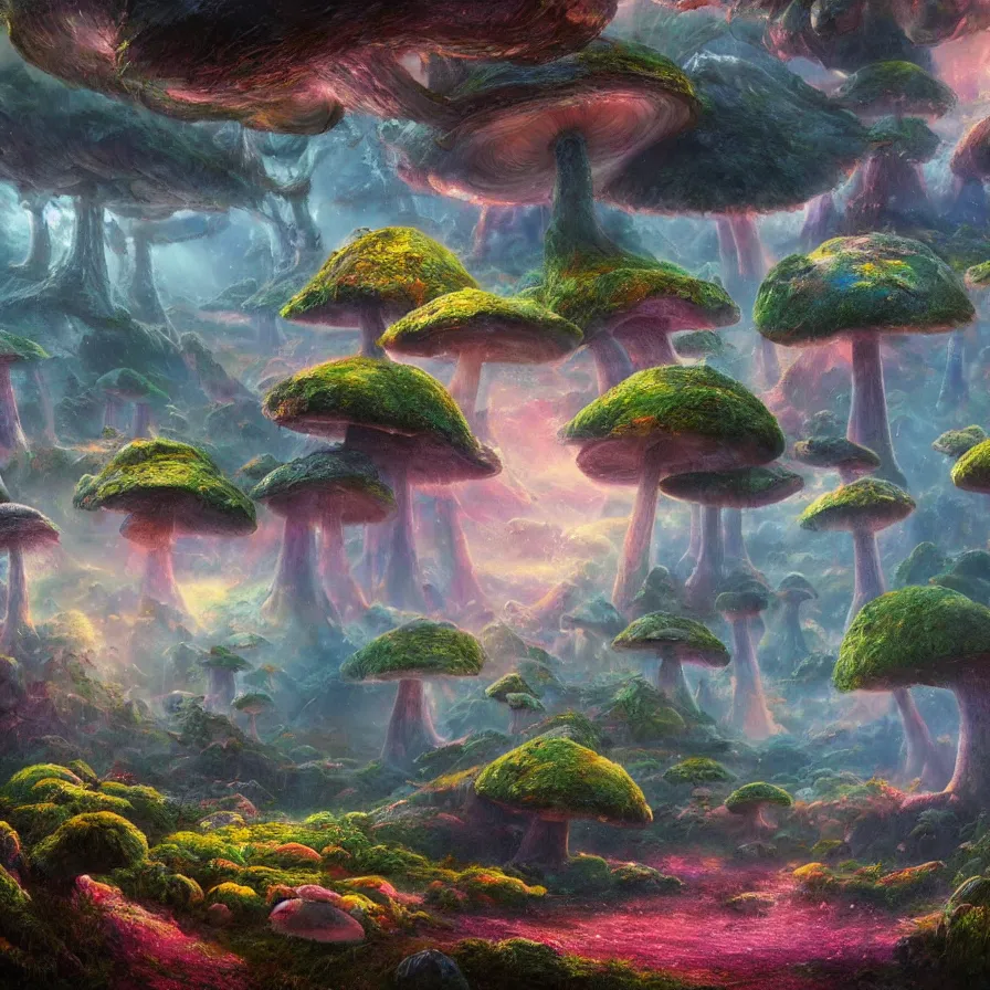 Prompt: incredibly detailed fantasy landscape of a valley with gigantic mushrooms and lichen, god rays, bokeh, raining, pink and blue color scheme, trending on artstation, 8k