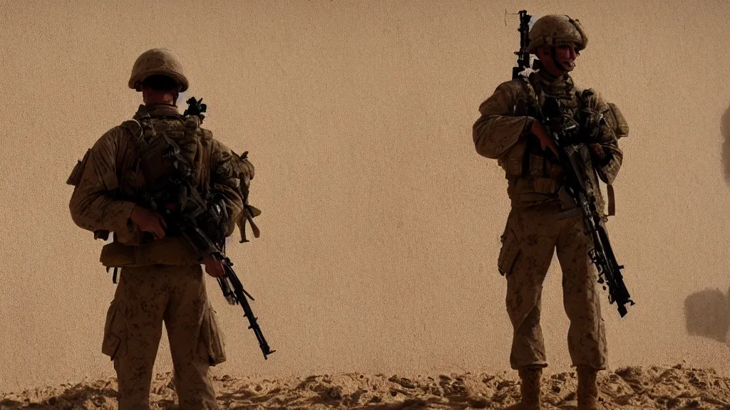 Prompt: film still of a marine soldier with a sniper rifle on his back standing in a dusty room with traditional colorful carpets on the wall in front of a sandy window. moody, grainy, 4 k, high detail, aesthetic, good composition, anatomically correct, directed by clint eastwood,