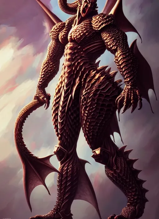 Image similar to muscular and tall humanoid dragon!!!! draconian!! intricate ornate heavy armor!! character concept art, sharp focus, octane render! unreal engine 5! highly rendered!! trending on artstation!! detailed linework!! illustration by artgerm, wlop, and chie yoshii