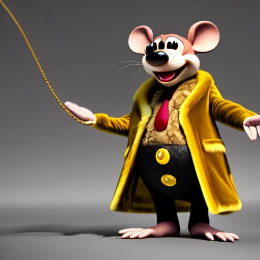 Prompt: 3d anthropomorphic rat, disney pixar, holding pistol, velvet, fur coat, high quality, golden necklace, fendi, high fashion