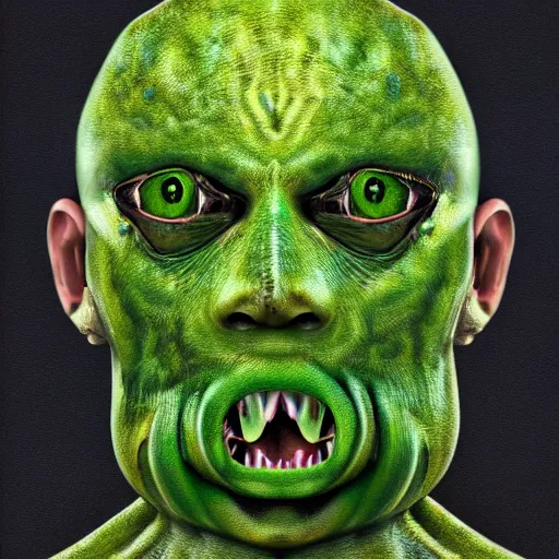 Prompt: A hyperrealistic digital painting of a bald man with creepy frog eyes, a frog tongue, and slimy green skin