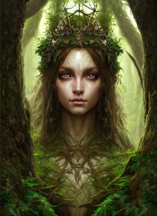 Image similar to digital _ painting _ goddess of the forest _ in the forest _ filipe _ poles _ and _ justin _ gerard _ symmetrical _ wonderful eyes _ fantasy _ very _ detailed _ realistic _ complex _ clear focus