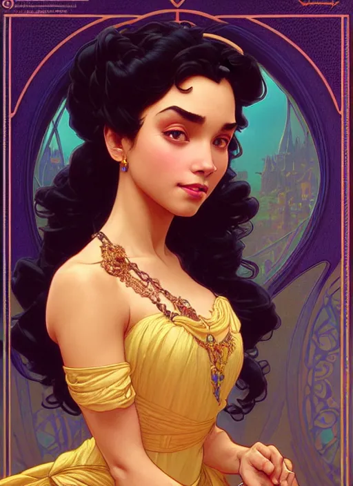 Image similar to portrait of disney esmeralda, intricate, elegant, highly detailed, my rendition, digital painting, artstation, concept art, smooth, sharp focus, illustration, art by artgerm and greg rutkowski and alphonse mucha and uang guangjian and gil elvgren and sachin teng, symmetry!!