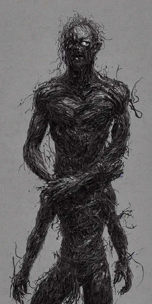 Prompt: concept art of a man with his body covered in burns, with black smoke coming out of his hands, full body, dark colors, sinister atmosphere, dramatic lighting, cinematic, establishing shot, extremely high detail, photo realistic, cinematic lighting, pen and ink, intricate line drawings, by Yoshitaka Amano, Ruan Jia, Kentaro Miura, Artgerm, post processed, concept art, artstation, matte painting, style by eddie mendoza, raphael lacoste, alex ross,