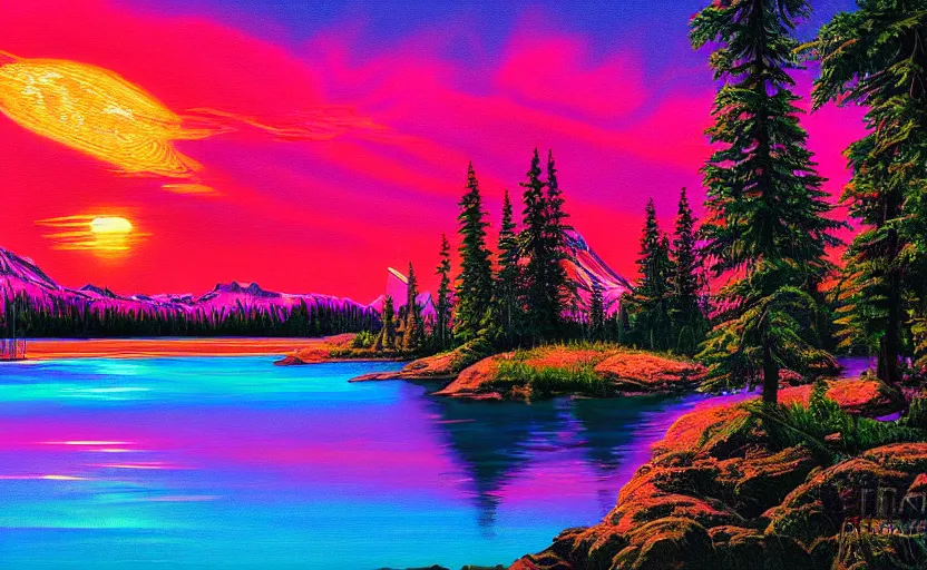 Image similar to beautiful award winning synthwave painting of a canadian lake, extreme detail, digital art, 4 k, ultra hd