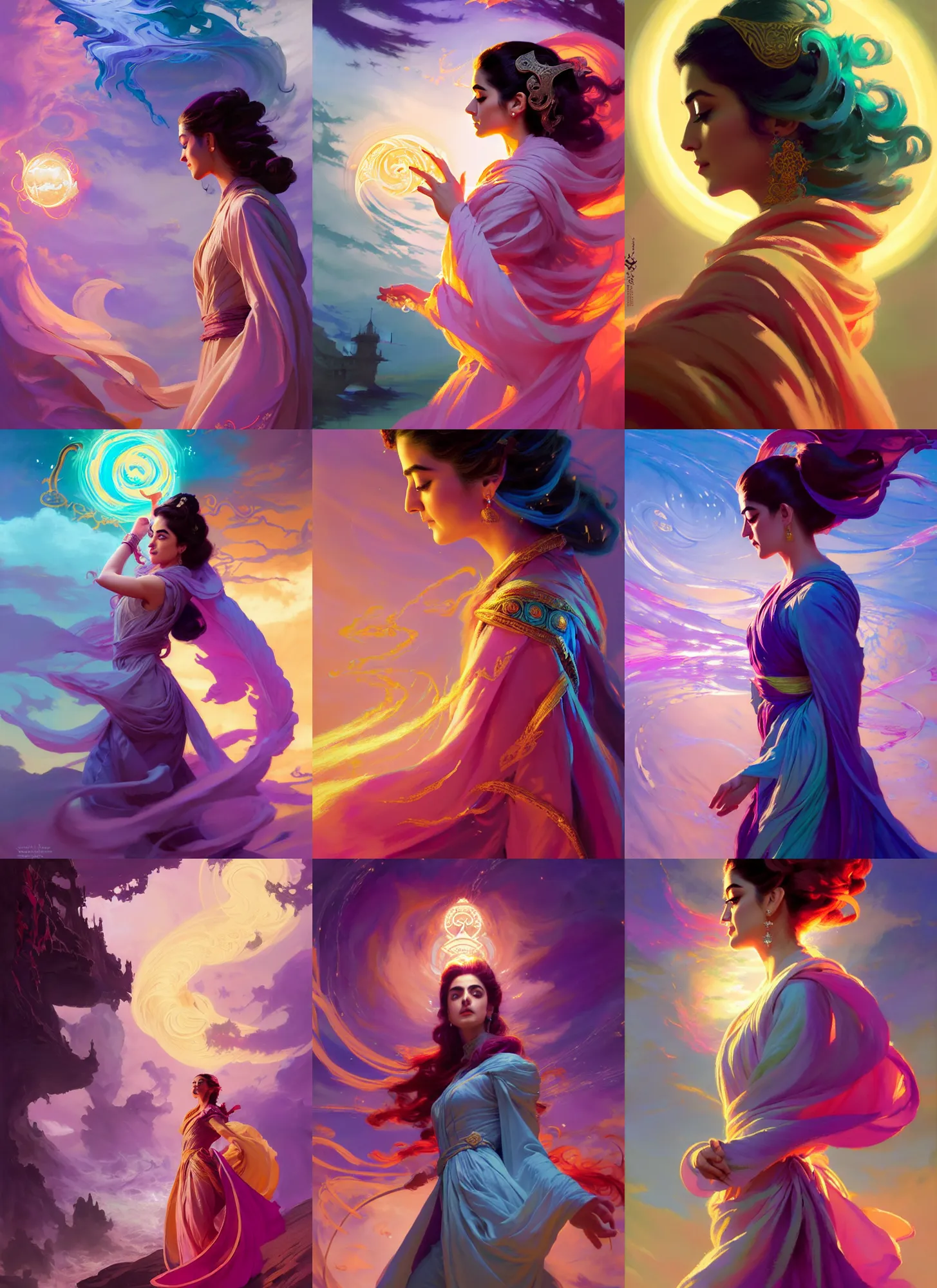 Prompt: side profile, maya ali, wind sorcerer, intricate robes, gloomhaven, luminescent, colorful swirly magic ripples, pastel colors, by greg manchess, huang guangjian, gil elvgren, sachin teng, greg rutkowski, jesper ejsing, ilya kuvshinov