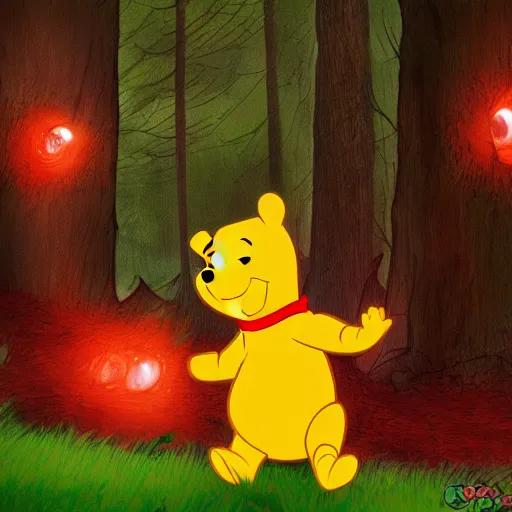 Prompt: Colored photo of winnie the pooh maniacally laughing with big sharpy teeths with bright red glowing eyes at night forest, ultra detailed, 4k