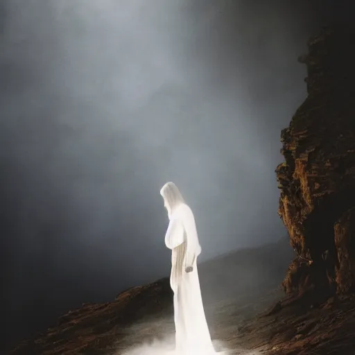 Prompt: photo, a woman in a giant flowing incredibly long dragging white dress made out of white smoke, standing inside a dark western rocky scenic landscape, volumetric lighting