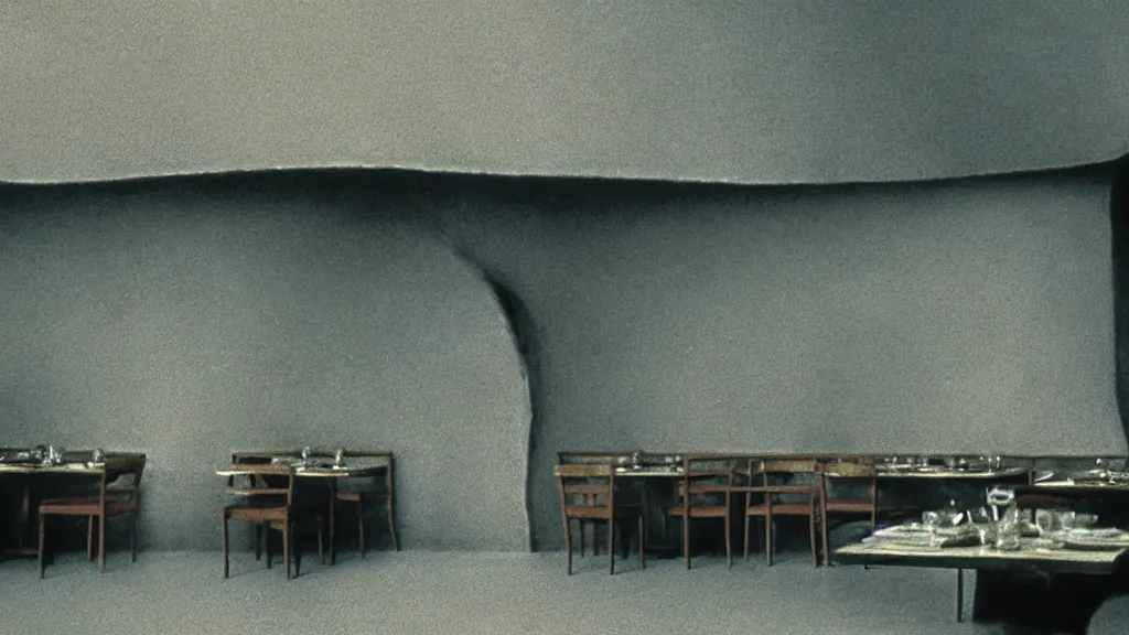 Image similar to the restaurant walls are bending, film still from the movie directed by denis villeneuve and david cronenberg with art direction by salvador dali and zdzisław beksinski, wide lens