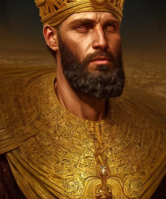 Prompt: portrait of biblical king of babylon nebuchadnezzar ii, intricate, headshot, highly detailed, digital painting, artstation, concept art, sharp focus, cinematic lighting, illustration, art by artgerm and greg rutkowski, alphonse mucha, cgsociety