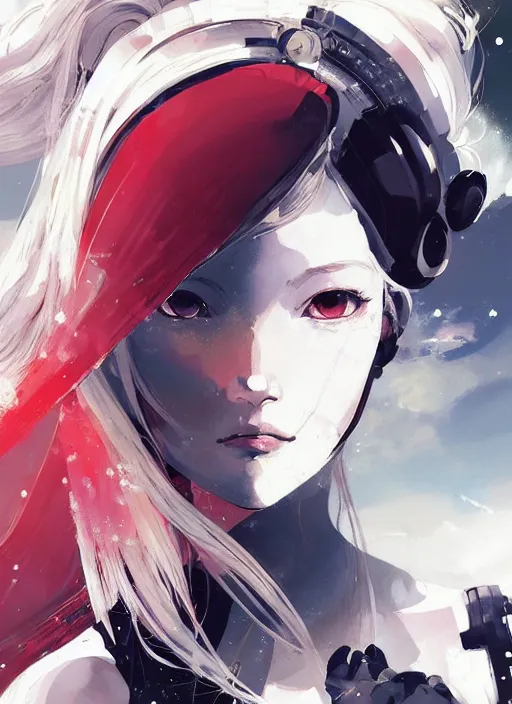 Prompt: highly detailed portrait of a hopeful pretty astronaut lady with a wavy blonde hair, by Dustin Nguyen, Akihiko Yoshida, Greg Tocchini, Greg Rutkowski, Cliff Chiang, 4k resolution, nier:automata inspired, bravely default inspired, vibrant but dreary but upflifting red, black and white color scheme!!! ((Space nebula background))