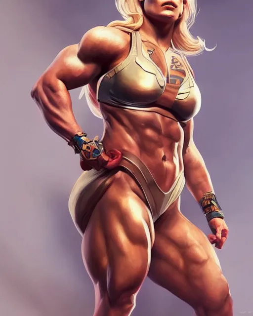 Image similar to full figure ultra realistic illustration, margot robbie as thick female bodybuilder zarya from overwatch, intricate, elegant, highly detailed, digital painting, artstation, concept art, smooth, sharp focus, illustration, art by artgerm and greg rutkowski and alphonse mucha