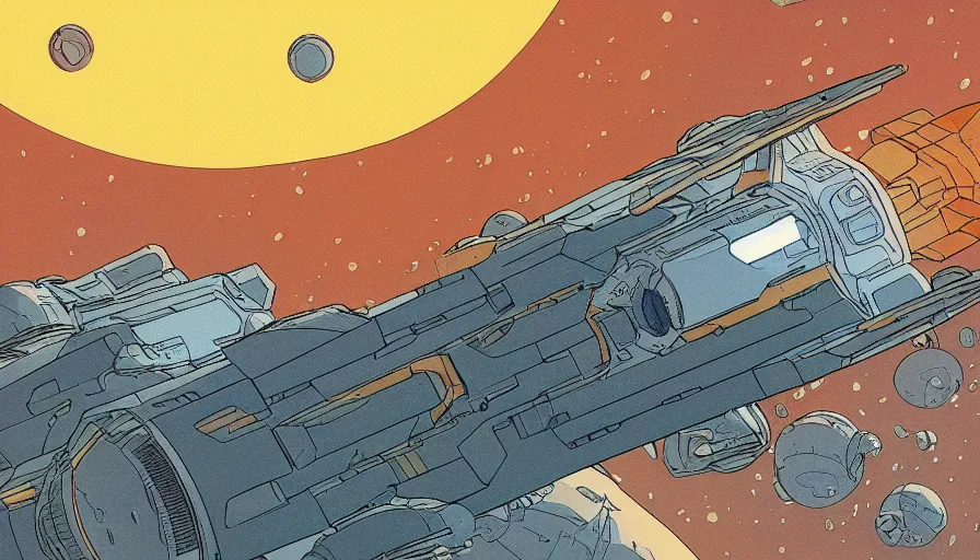 Image similar to flat color illustration of futuristic spacecraft by moebius and sparth,