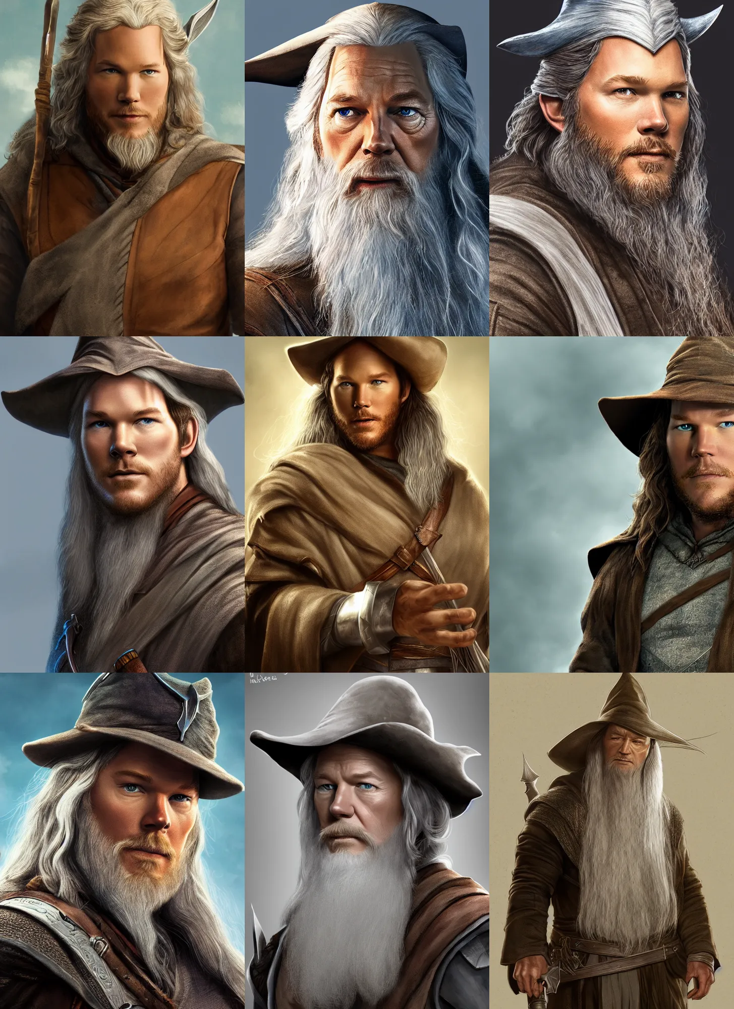 Prompt: character portrait of Chris Pratt playing Gandalf, digital art, trending on artstation, 4k