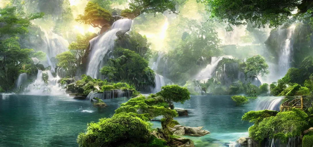 Image similar to a beautiful futurist forest island with waterfall floats in the air, matte painting, 4 k, details