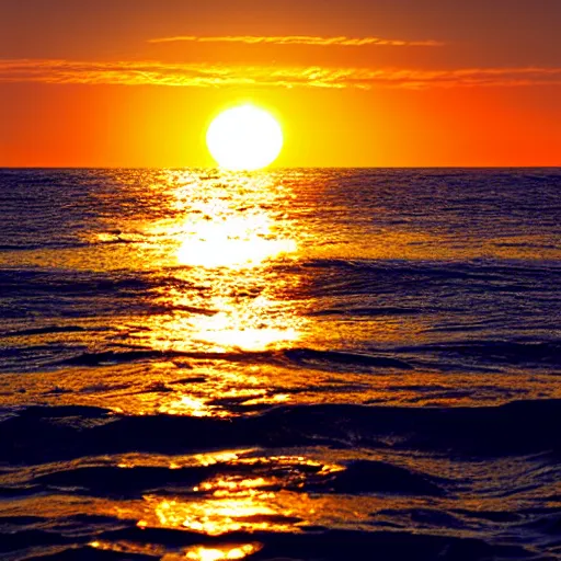 Image similar to sunset on the ocean, water is glowing golden, gold colored glowing water, sun surrounded by blackness, sky completely dark, night sky with stars visible with the sun still on the horizon