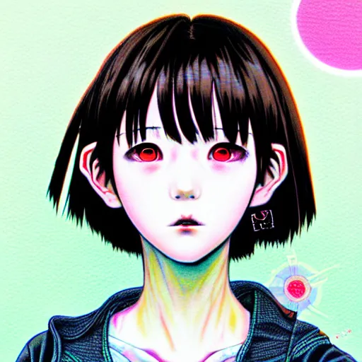 Image similar to full view of girl from serial experiments lain, style of yoshii chie and hikari shimoda and martine johanna, highly detailed