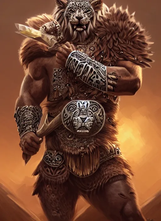 Prompt: a highly detailed illustration of fierce aztec jaguar warrior wearing white jaguar mane, heroic roaring wielding aztec sword pose, intricate, elegant, highly detailed, centered, digital painting, artstation, concept art, smooth, sharp focus, league of legends concept art, wlop