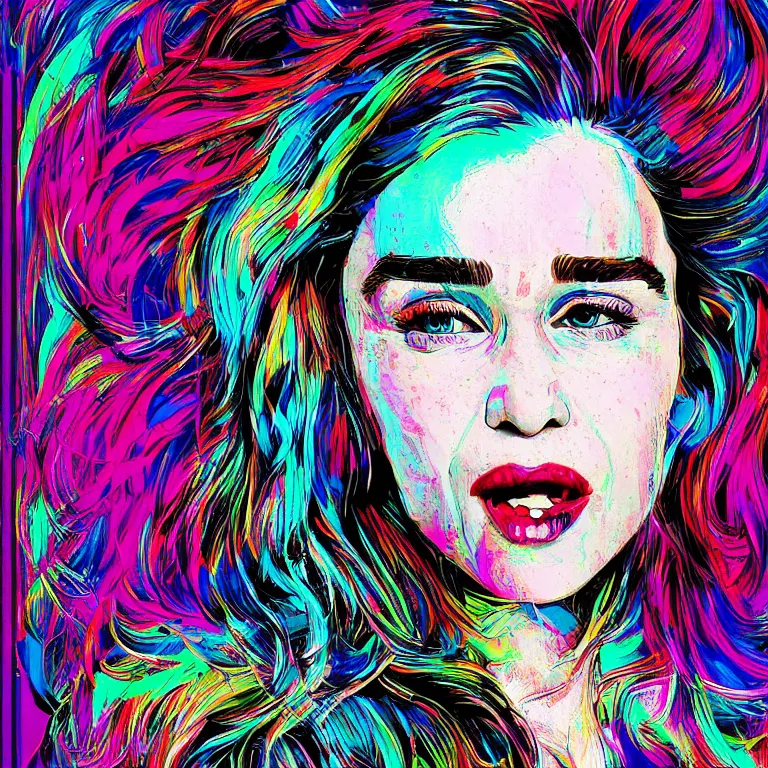 Image similar to Pop-art portrait of Emilia Clarke in style of glitchcore, photorealism