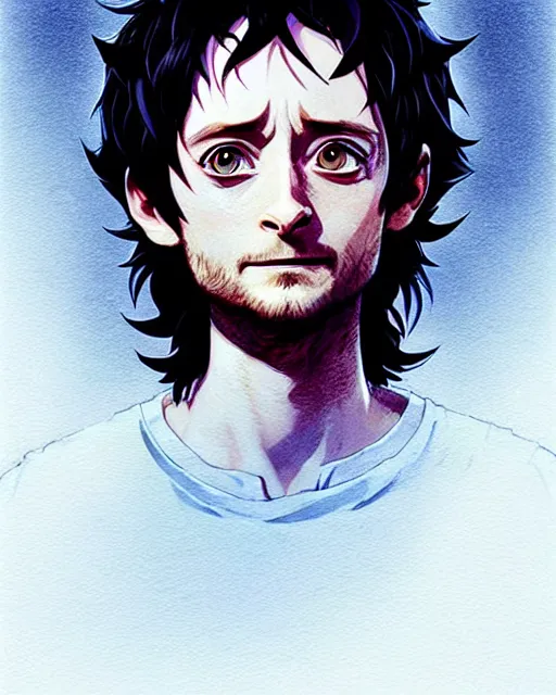 Image similar to portrait Anime joyful happy Elijah Wood playing Hobbit Frodo Baggins || cute-fine-face, pretty face, realistic shaded Perfect face, fine details. Anime. realistic shaded lighting by Ilya Kuvshinov katsuhiro otomo ghost-in-the-shell, magali villeneuve, artgerm, Jeremy Lipkin and Michael Garmash and Rob Rey