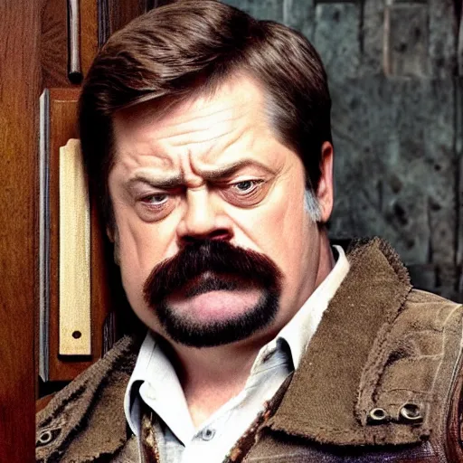 Image similar to ron swanson is a dwarven cleric trying to pick the lock of a wooden door in the side of a warehouse. he is frustrated.