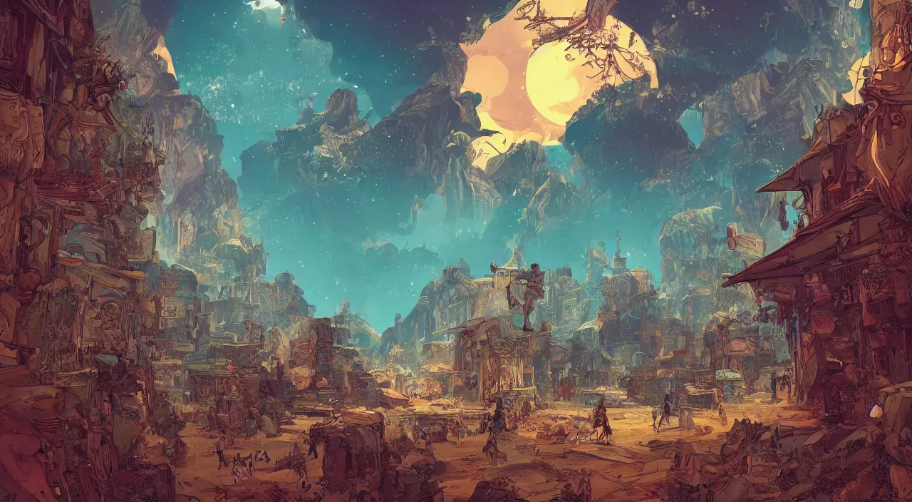 Prompt: vector wonderland bazaar zouk old egypt sky shine epic fantasy painting photoshop that looks like it is from borderlands and by feng zhu and loish and laurie greasley, victo ngai, andreas rocha, john harris