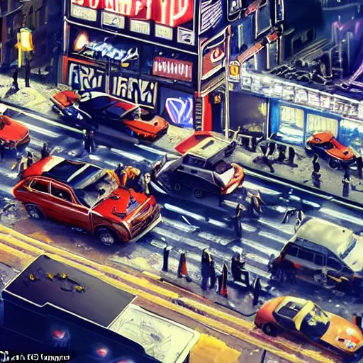 Prompt: ten members of mafia and their leader, in a firefight, with the nypd police squad, guns blazing, machine guns, pistols, in new york city, cyberpunk, highly detailed, cars, traffic signs, robots, neon lights, big and small, skyscrapers, explosions