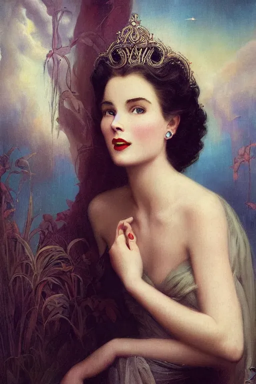 Image similar to a young and extremely beautiful grace kelly infected by night by tom bagshaw in the style of a modern gaston bussiere, art nouveau, art deco, surrealism. extremely lush detail. melancholic scene infected by night. perfect composition and lighting. sharp focus. profoundly surreal. high - contrast lush surrealistic photorealism. genuine laughing.