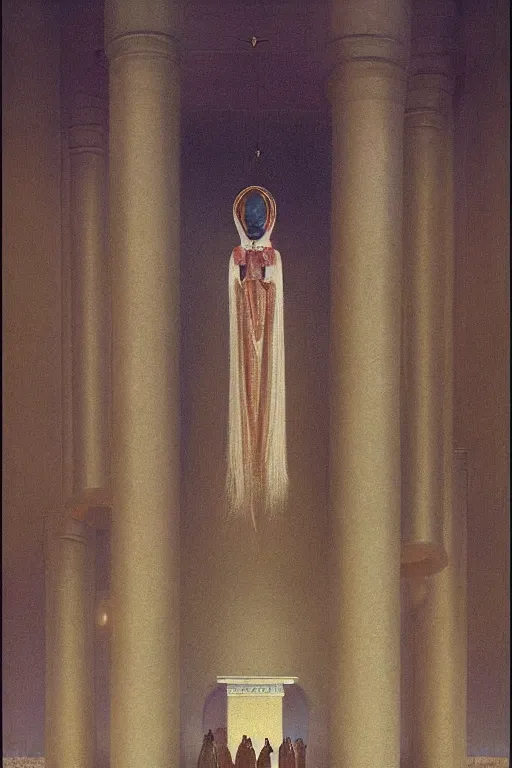 Image similar to an orthodox patriarch in a very tall russian temple, in style of Zdzislaw Beksinski,