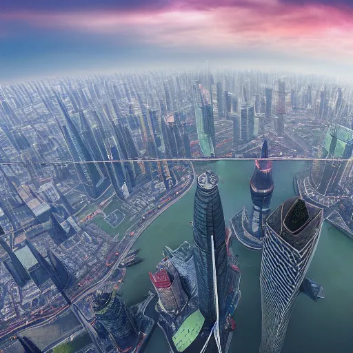 Prompt: spuerman flying upon shanghai lujiazui, cityscape, cloud day, artstation, 8 k