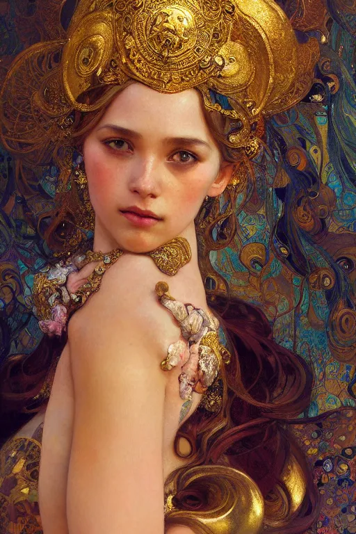 Image similar to an intricate artistic pose painting of a beautiful young girl with an artistic pose with klimt golden motives and textures, hyper detailed, ornamental gold headpiece, octane render, vivid colors, artstation, by jeremy mann, by alphonse mucha, by boris vallejo