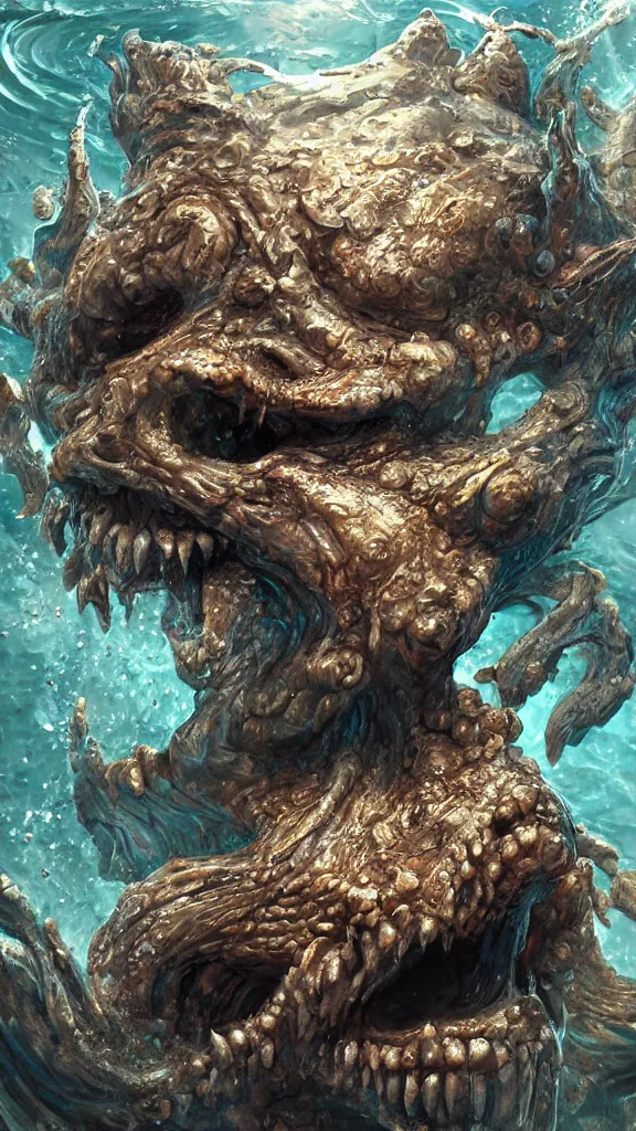 Image similar to ultra realist and ultra intricate detailed soft painting of an ancient creature angry boss in the ocean underwater environment, reflections, focus, detailed, realistic eyes, horizontal partial symmetry features proportions, intricate facial skin details, award winning, trending in cgsociety artstation deviant art, octane render