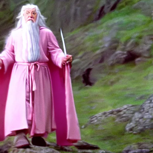 Image similar to gandalf wearing a light pink robe, wearing a large hello kitty hair clip, movie still from the lord of the rings