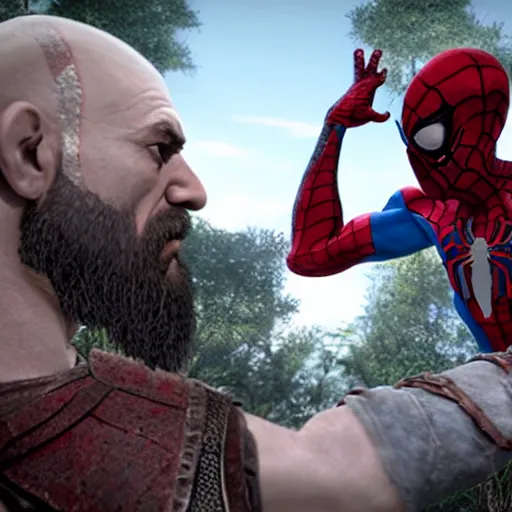 Image similar to kratos from god of war giving a high five to spiderman