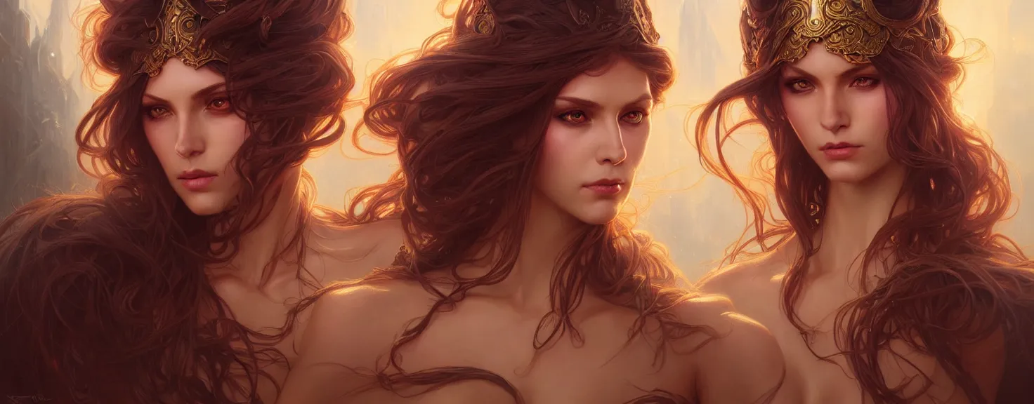 Image similar to fantasy magic woman portrait, sci-fi, amber eyes, face, long hair, fantasy, intricate, elegant, highly detailed, digital painting, artstation, concept art, smooth, sharp focus, illustration, art by artgerm and greg rutkowski and alphonse mucha