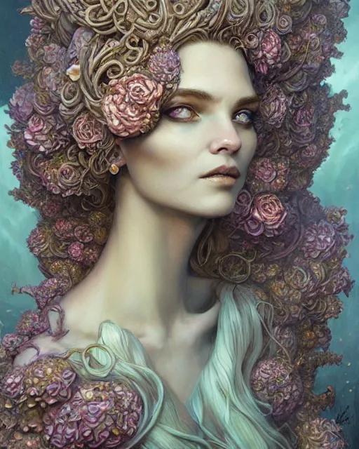 Image similar to a beautiful detailed front view portrait of a princess with ornate growing around, ornamentation, flowers, elegant, beautifully soft lit, by wayne barlowe, peter mohrbacher, kelly mckernan