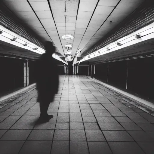 Prompt: flash photograph of an empty underground subway with shadow cryptid standing far away, liminal space