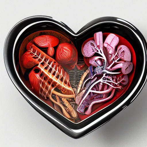 Image similar to anatomical hearts [ within bowl ]!!! resting on table, trending on artstation, cgsociety, [ overhead view ]!!, 4 k quality, intricately defined, professional photography, complexly detailed, polycount