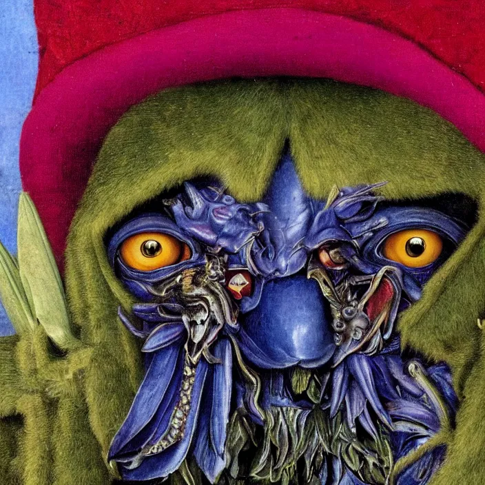 Image similar to close up portrait of a mutant monster creature with colorful exotic indigo iris eyes, crystal teeth, mantis composure. by jan van eyck, audubon