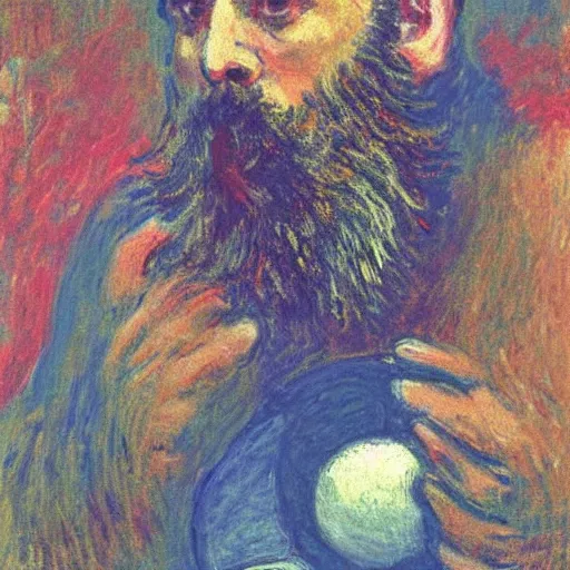 Prompt: monet painting of a bearded man with shaved head intimately kissing a soccer ball, highly detailed, realistic,